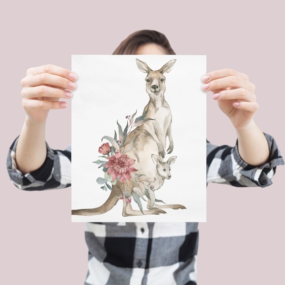 Watercolor Floral Kangaroo Illustration Wall Art Print Poster Unframed - Picture 5 of 9